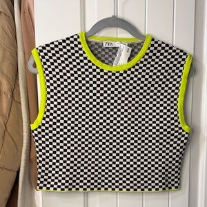 Zara Black & White Checker Crop Tank with Neon Yellow Trim